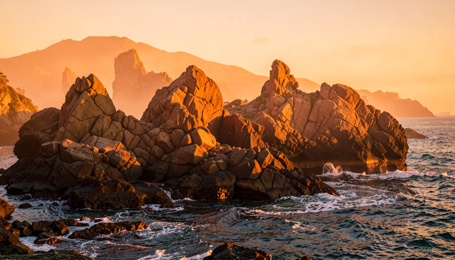 海南石头公园的海蚀地貌，奇特的火山岩被夕阳染成金橙色，海浪轻拍礁石